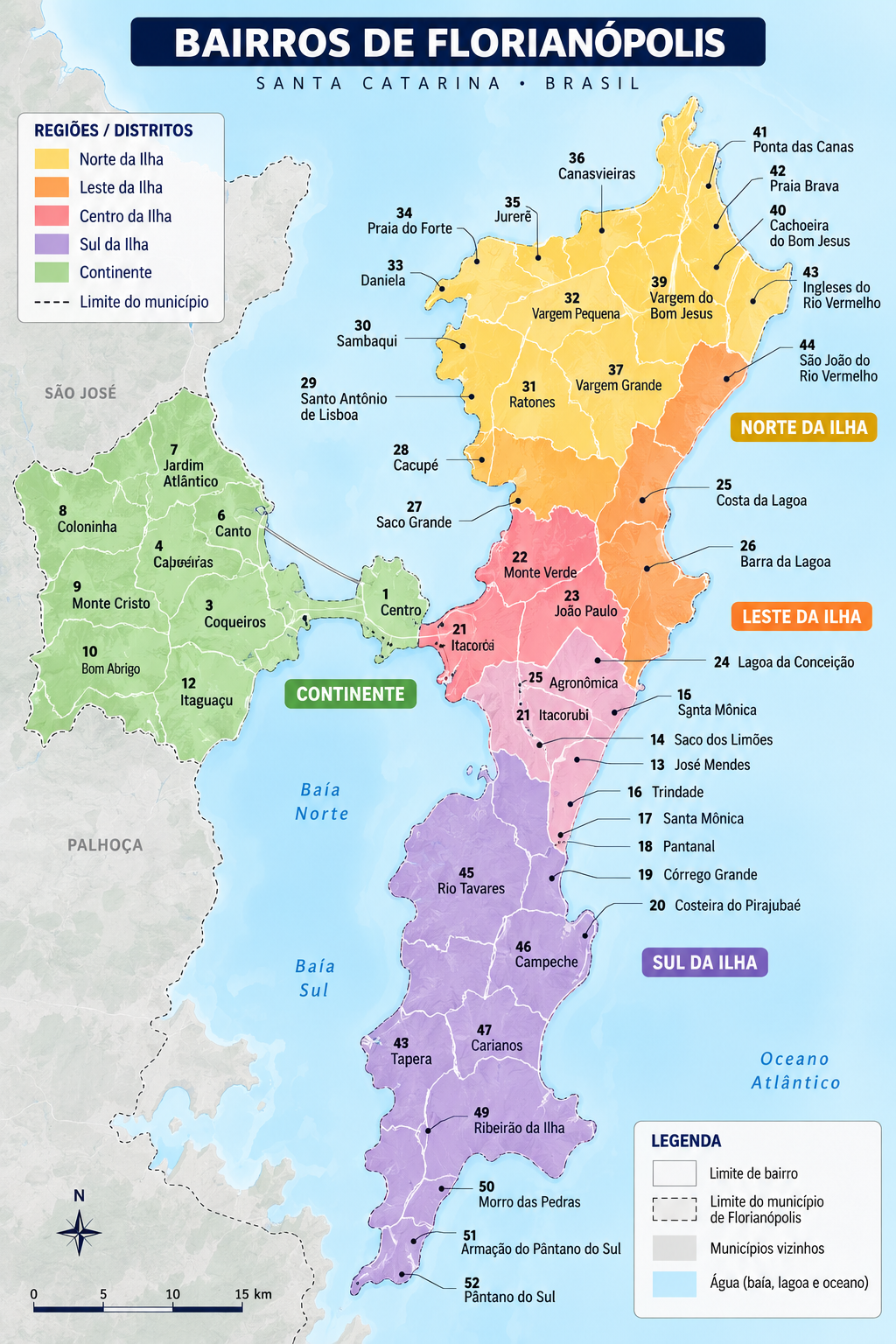 Mapa dos bairros de Florianópolis, com as regiões Norte da Ilha, Leste da Ilha, Centro da Ilha, Sul da Ilha e Continente identificadas por cores