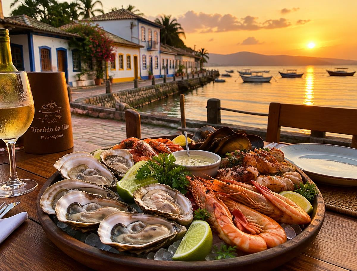 Ostras e frutos do mar à beira-mar no Ribeirão da Ilha